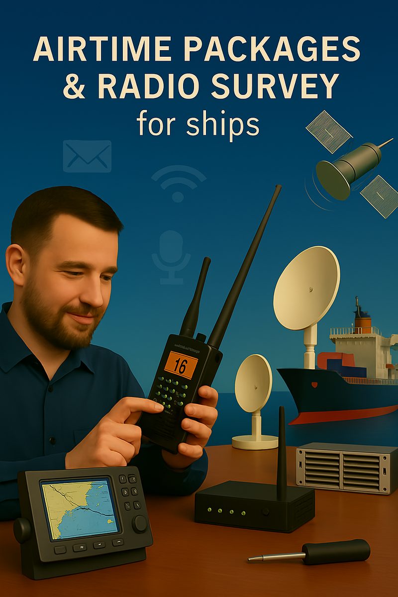 Technician setting up airtime and radio survey equipment for ships