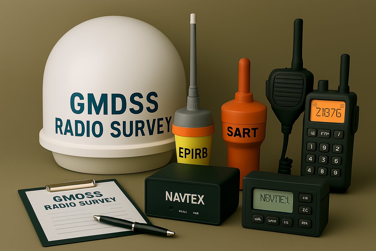 GMDSS radio survey equipment — EPIRB, SART, NAVTEX, VHF handhelds