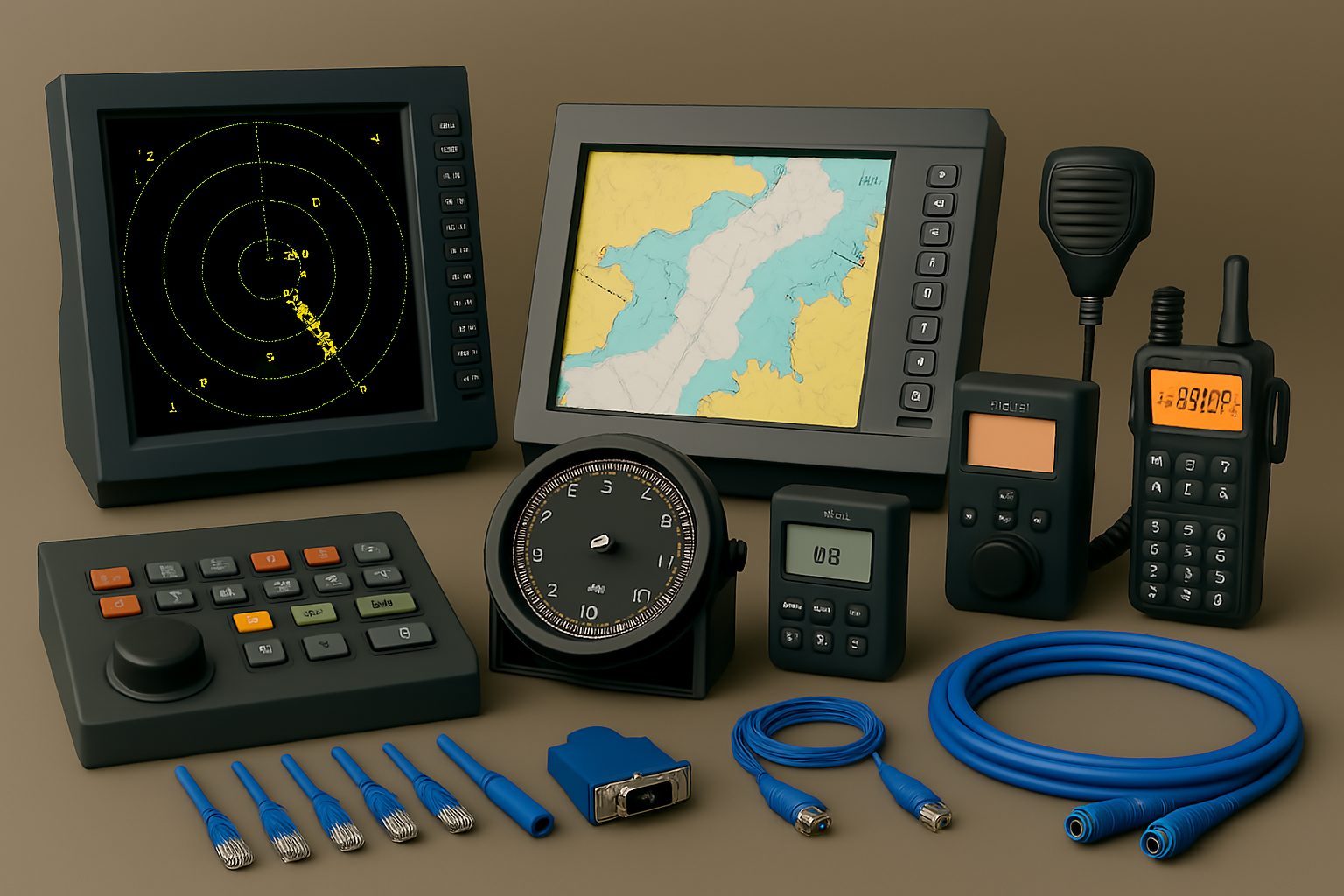 IT technician working on navigation and radio equipment at port