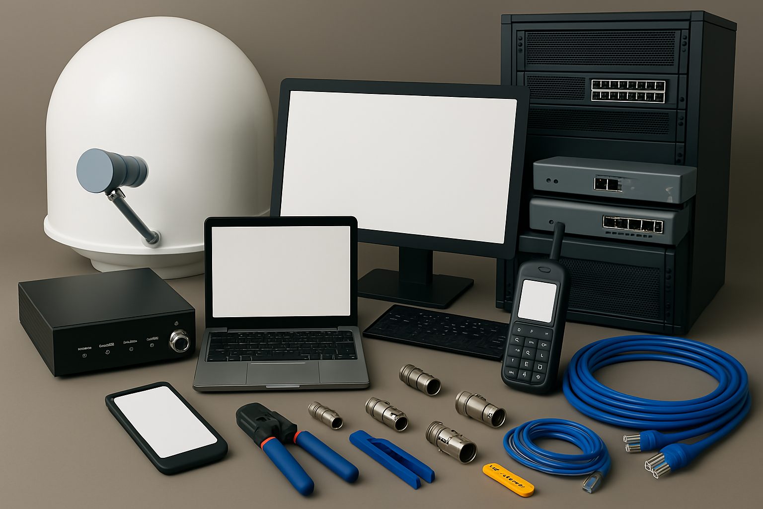 Satellite dome, laptop and network devices