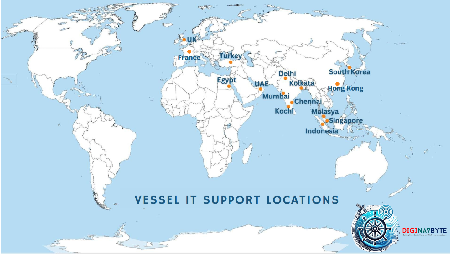 Diginavbyte vessel IT support locations map — cities and hubs